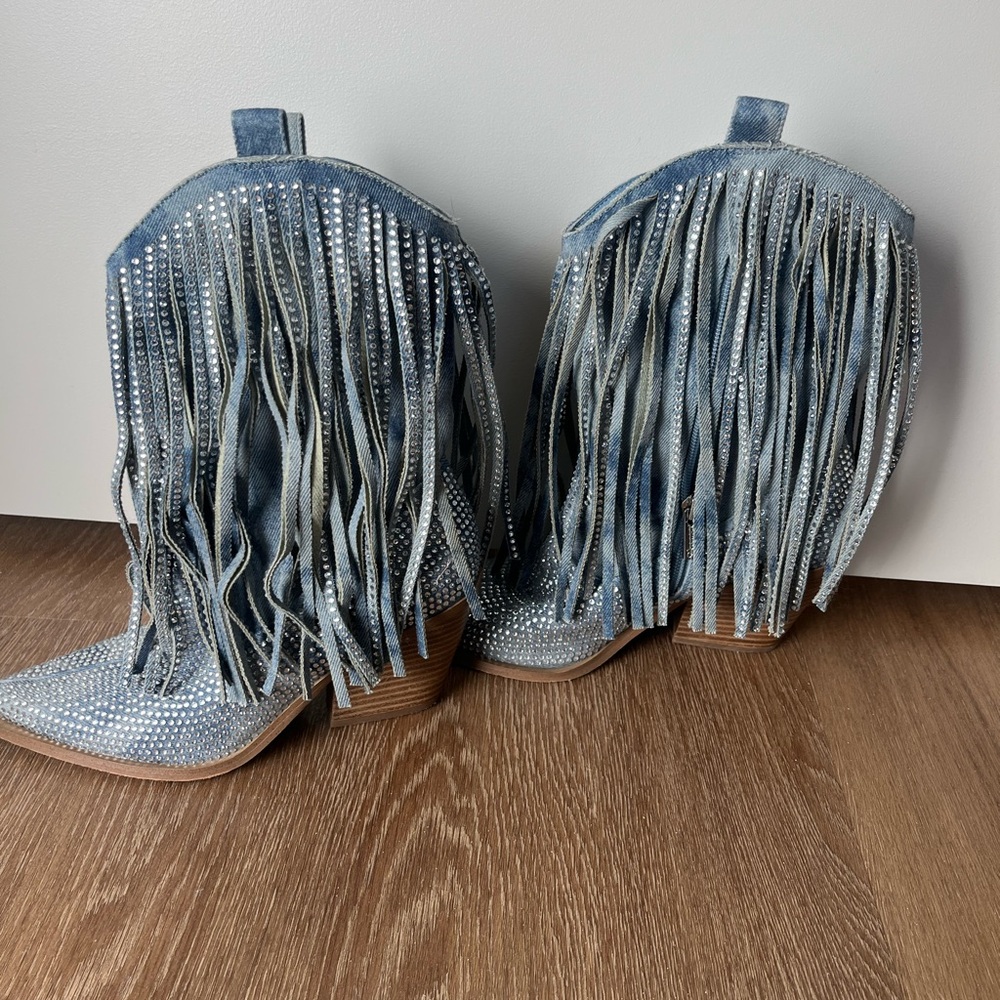Jessica Simpson Blue Denim Fringe Boots